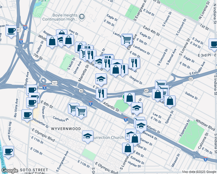 map of restaurants, bars, coffee shops, grocery stores, and more near 951 South Dacotah Street in Los Angeles
