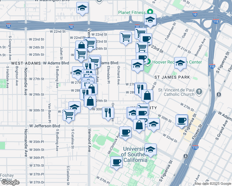 map of restaurants, bars, coffee shops, grocery stores, and more near 2814 Ellendale Place in Los Angeles