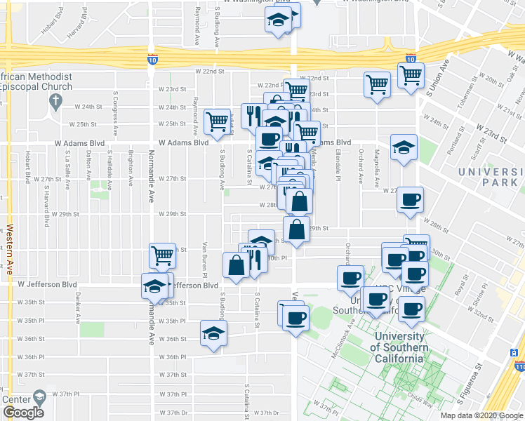 map of restaurants, bars, coffee shops, grocery stores, and more near 1447 West 29th Street in Los Angeles