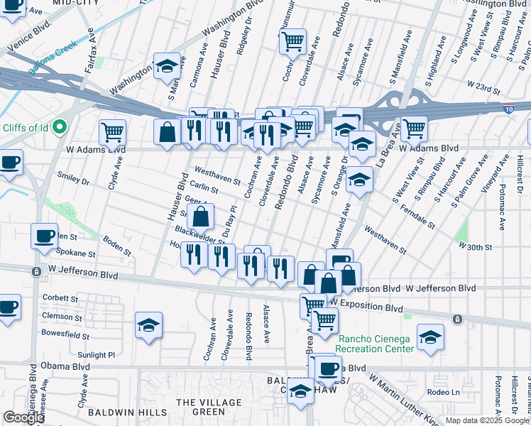 map of restaurants, bars, coffee shops, grocery stores, and more near 2751 South Cloverdale Avenue in Los Angeles
