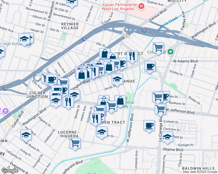 map of restaurants, bars, coffee shops, grocery stores, and more near 3405 Fay Avenue in Culver City