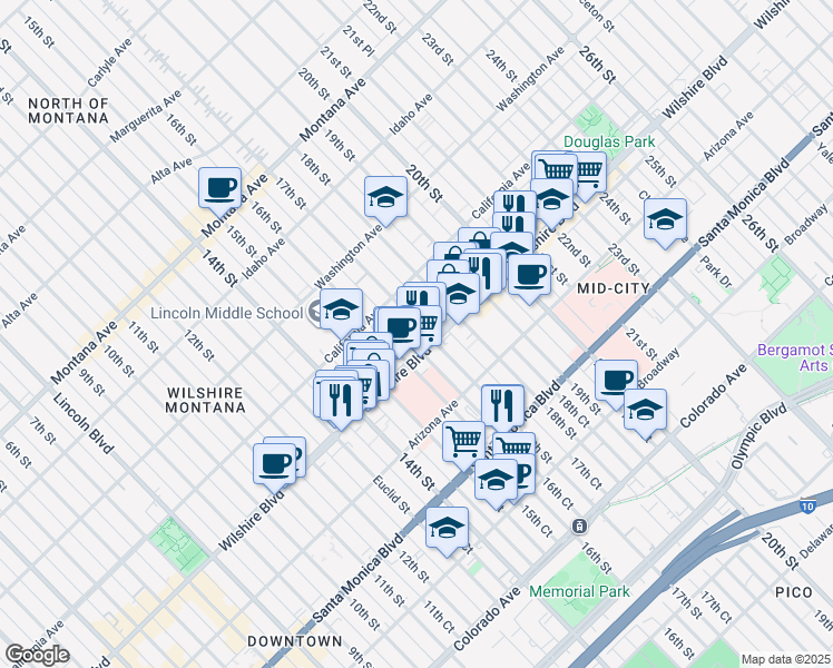 map of restaurants, bars, coffee shops, grocery stores, and more near 1621 Wilshire Boulevard in Santa Monica