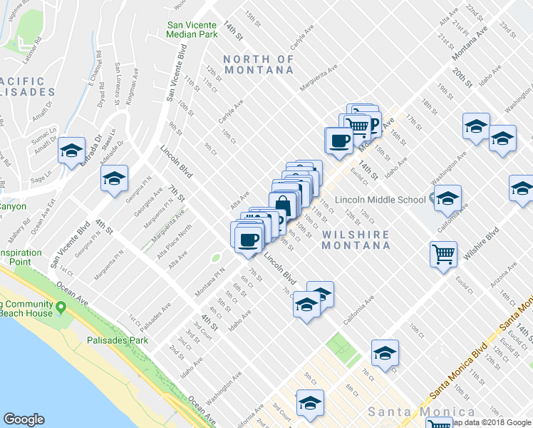 map of restaurants, bars, coffee shops, grocery stores, and more near 729 9th Street in Santa Monica