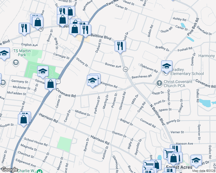 map of restaurants, bars, coffee shops, grocery stores, and more near 2821 Covenant Road in Columbia