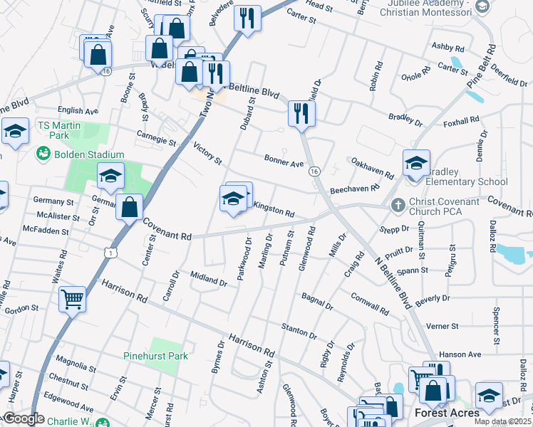 map of restaurants, bars, coffee shops, grocery stores, and more near 2821 Covenant Road in Columbia