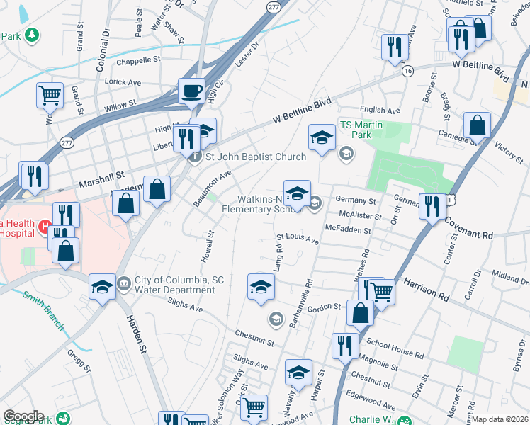 map of restaurants, bars, coffee shops, grocery stores, and more near 3003 Jaydeen Court in Columbia