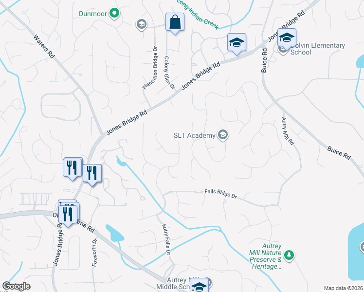 map of restaurants, bars, coffee shops, grocery stores, and more near 555 Dartington Way in Alpharetta
