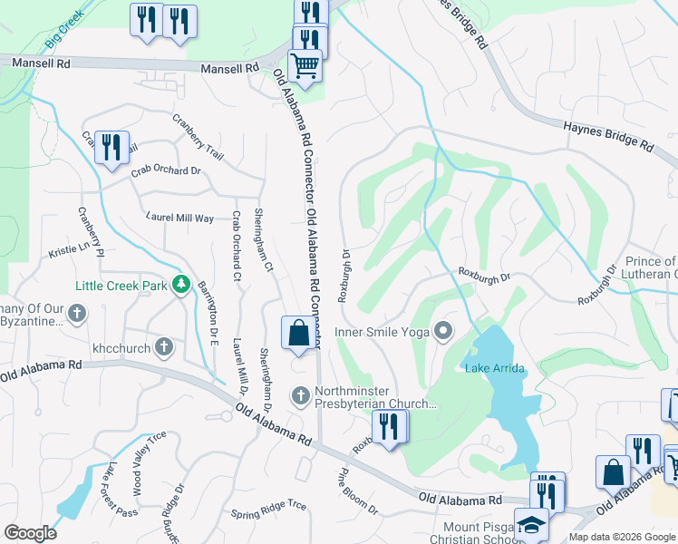 map of restaurants, bars, coffee shops, grocery stores, and more near 2405 Roxburgh Drive in Roswell