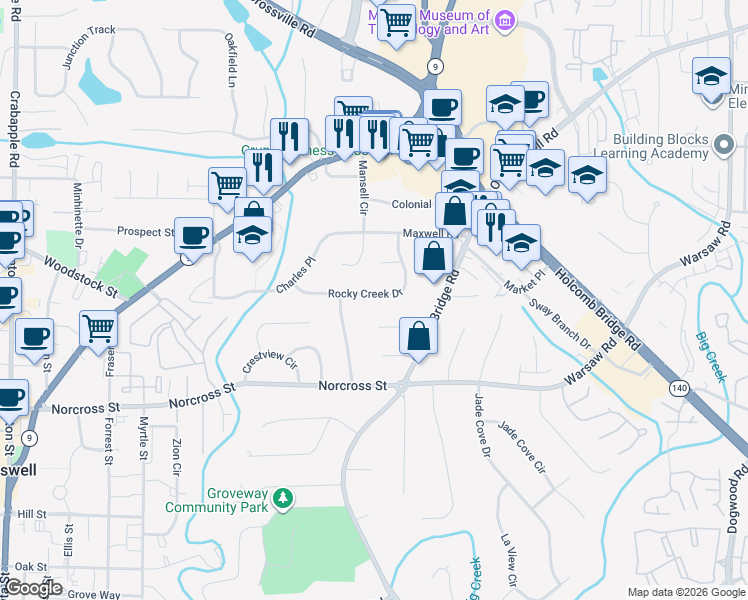 map of restaurants, bars, coffee shops, grocery stores, and more near 525 Rocky Creek Drive in Roswell