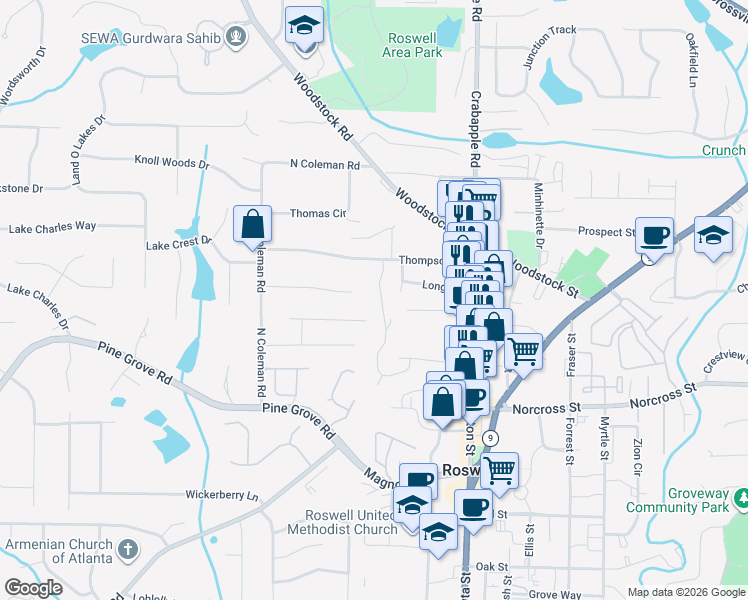 map of restaurants, bars, coffee shops, grocery stores, and more near 235 Windy Pines Trail in Roswell