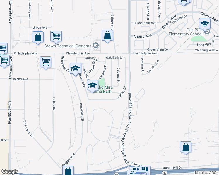 map of restaurants, bars, coffee shops, grocery stores, and more near 3237 Tamarack Way in Jurupa Valley