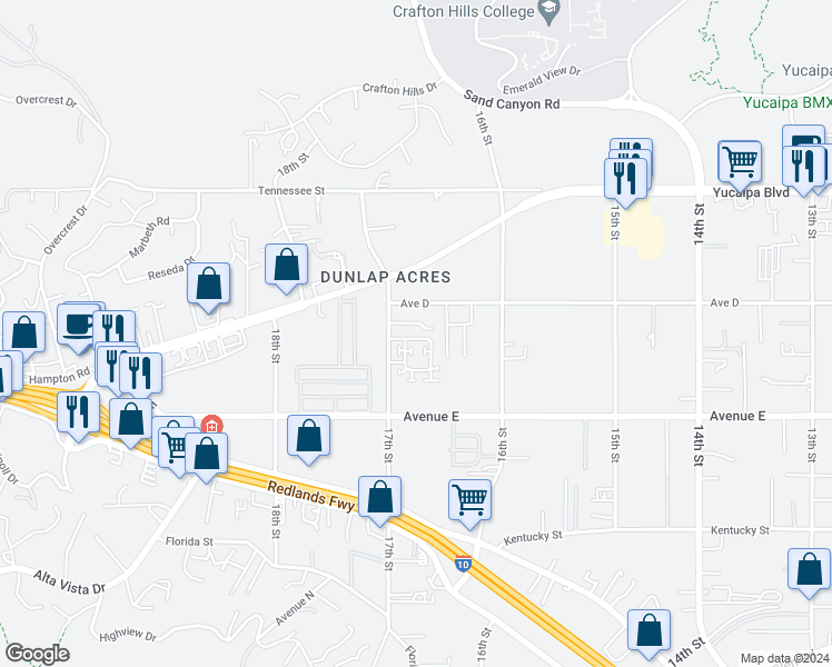 map of restaurants, bars, coffee shops, grocery stores, and more near 31960 Chagall Way in Yucaipa
