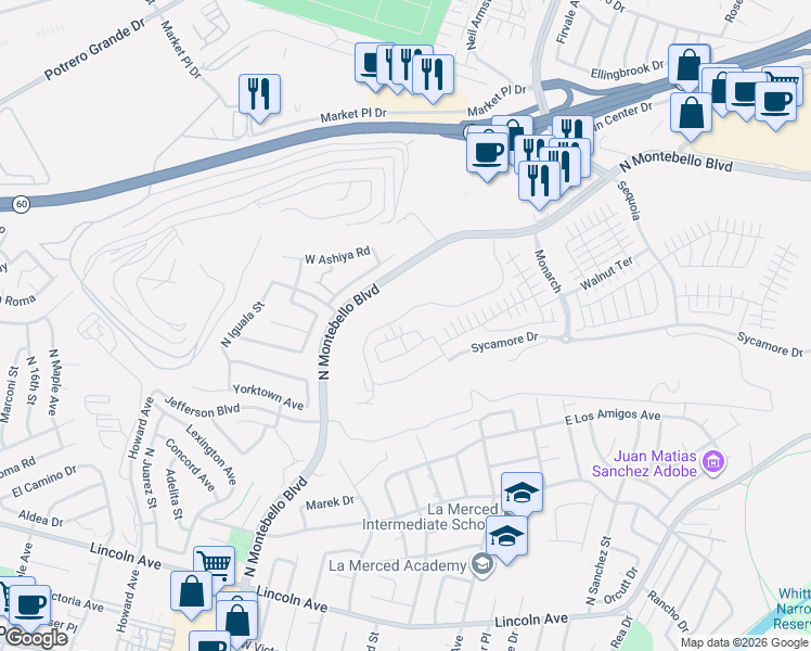 map of restaurants, bars, coffee shops, grocery stores, and more near 1300 North Montebello Boulevard in Montebello