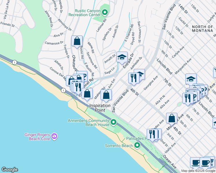 map of restaurants, bars, coffee shops, grocery stores, and more near 266 Mabery Road in Santa Monica
