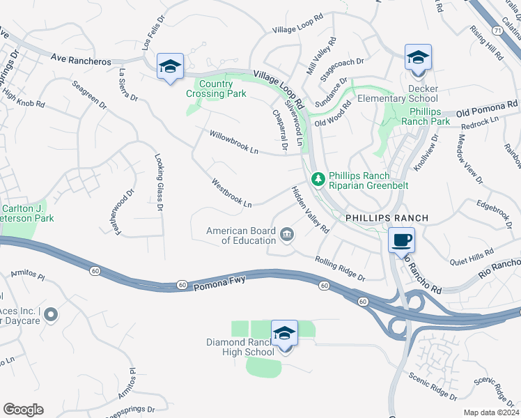 map of restaurants, bars, coffee shops, grocery stores, and more near 36 Westbrook Lane in Pomona