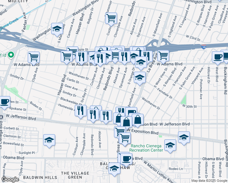 map of restaurants, bars, coffee shops, grocery stores, and more near 2812 Alsace Avenue in Los Angeles