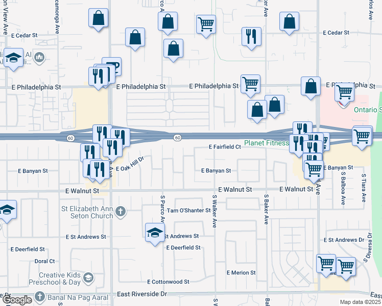 map of restaurants, bars, coffee shops, grocery stores, and more near 2424 South Lake Avenue in Ontario
