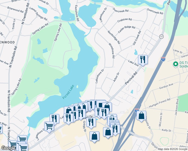 map of restaurants, bars, coffee shops, grocery stores, and more near 5735 Lakeshore Drive in Columbia