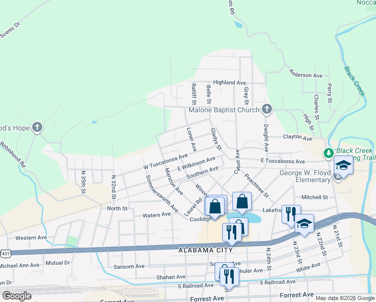 map of restaurants, bars, coffee shops, grocery stores, and more near 30 West Tuscaloosa Avenue in Gadsden