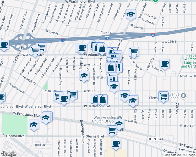 map of restaurants, bars, coffee shops, grocery stores, and more near 4206 West 29th Street in Los Angeles