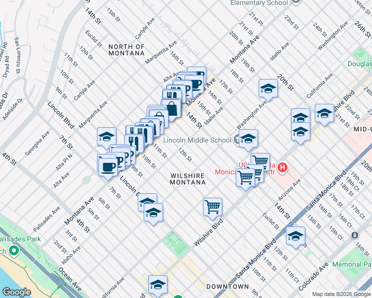 map of restaurants, bars, coffee shops, grocery stores, and more near 907 12th Street in Santa Monica