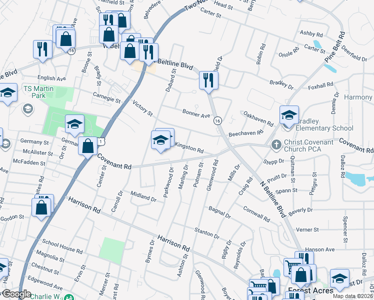 map of restaurants, bars, coffee shops, grocery stores, and more near 2821 Covenant Road in Columbia