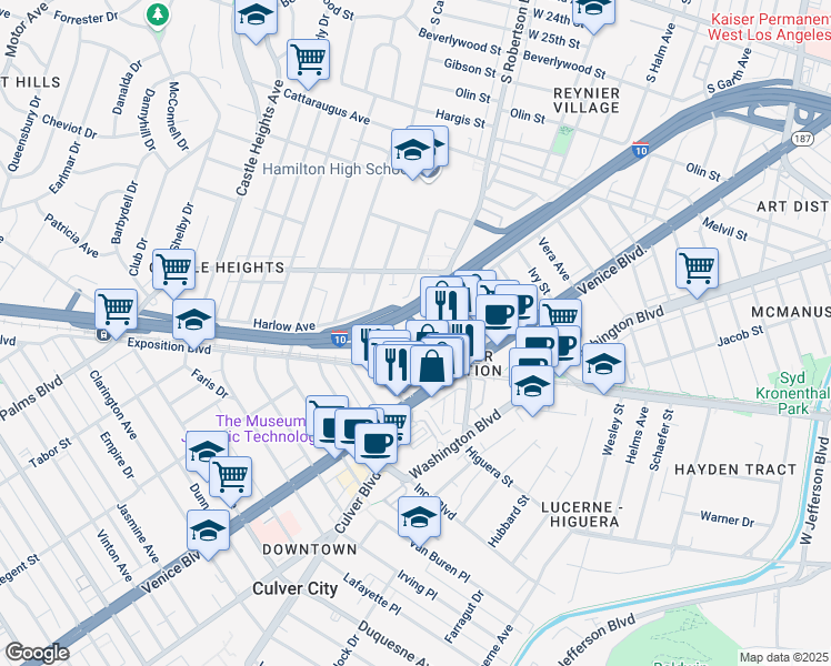 map of restaurants, bars, coffee shops, grocery stores, and more near 3383 Robertson Place in Los Angeles