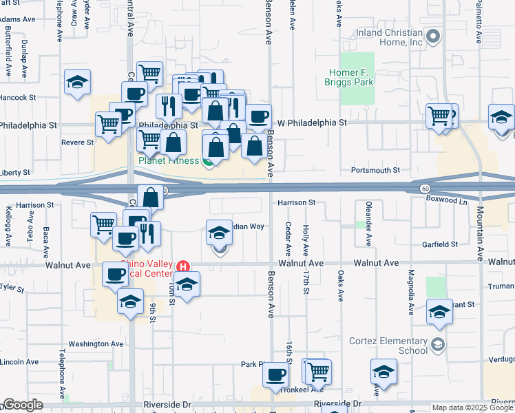 map of restaurants, bars, coffee shops, grocery stores, and more near 12336 Twin Gables Drive in Chino