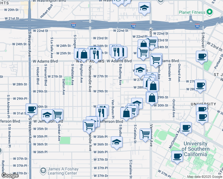 map of restaurants, bars, coffee shops, grocery stores, and more near 1583 West 29th Street in Los Angeles