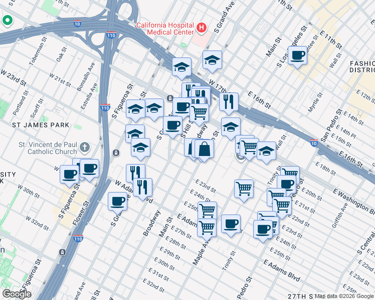 map of restaurants, bars, coffee shops, grocery stores, and more near 2121 South Broadway in Los Angeles