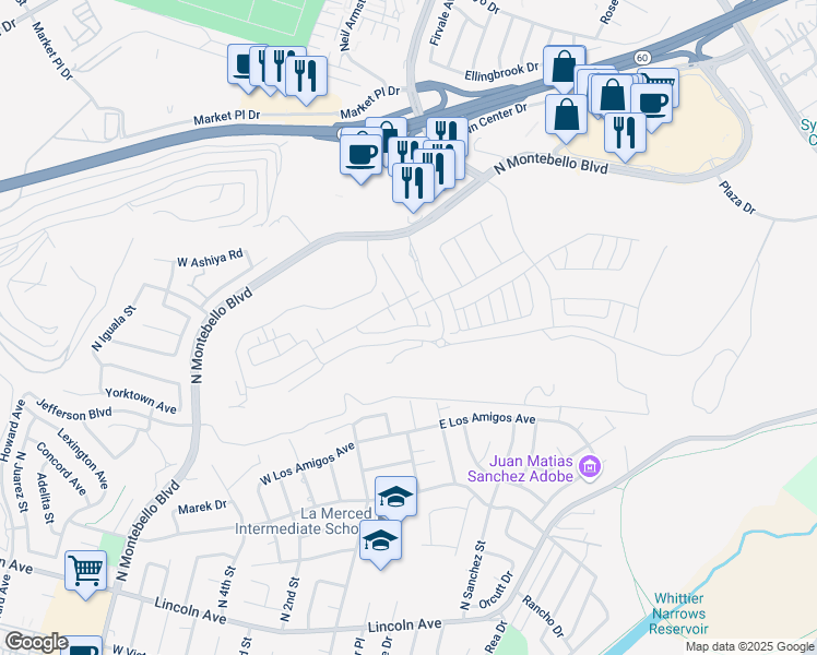 map of restaurants, bars, coffee shops, grocery stores, and more near 1098 Las Flores Ave in Montebello