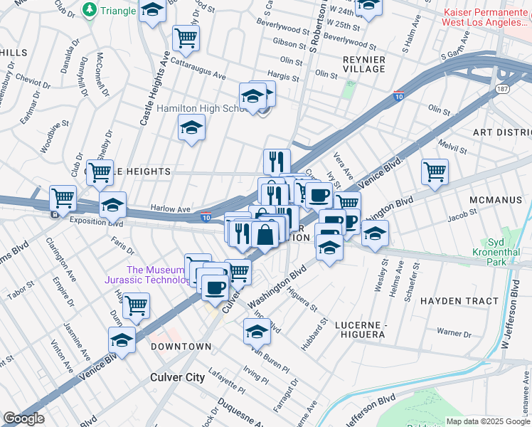 map of restaurants, bars, coffee shops, grocery stores, and more near 3383 Robertson Place in Los Angeles