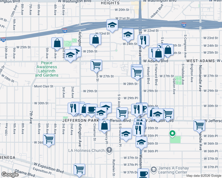 map of restaurants, bars, coffee shops, grocery stores, and more near 2112 West 29th Street in Los Angeles