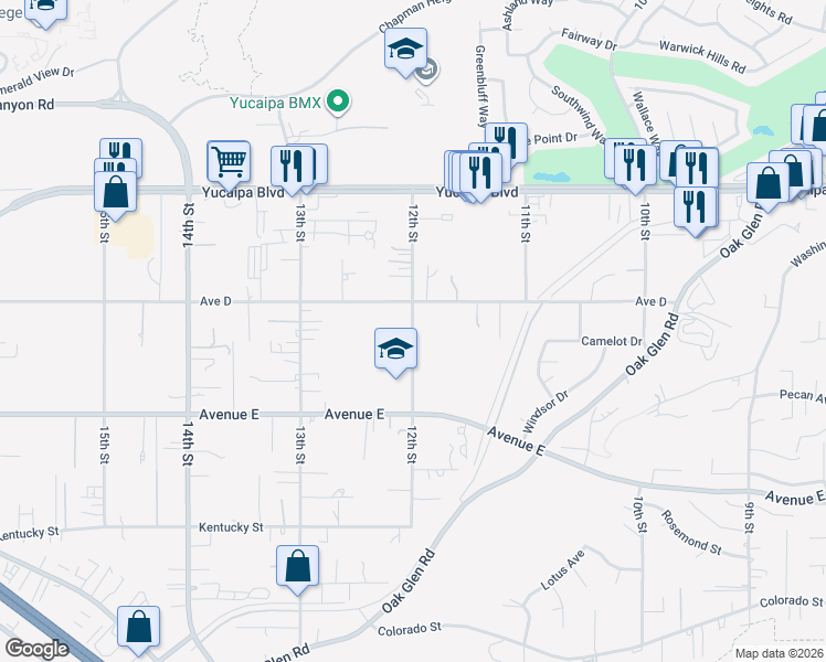 map of restaurants, bars, coffee shops, grocery stores, and more near 12th Street in Yucaipa