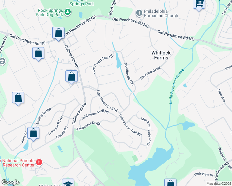 map of restaurants, bars, coffee shops, grocery stores, and more near 2652 Forest Meadow Lane in Lawrenceville
