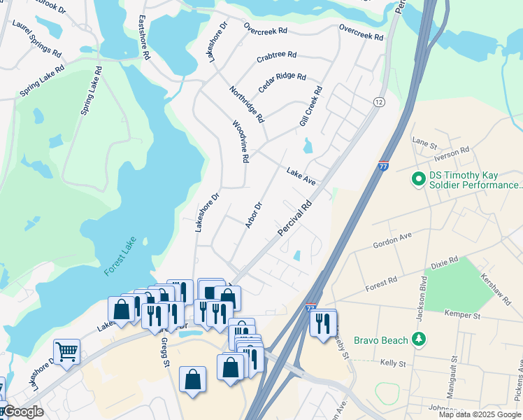 map of restaurants, bars, coffee shops, grocery stores, and more near 308 Arbor Drive in Columbia