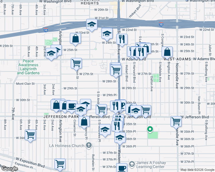 map of restaurants, bars, coffee shops, grocery stores, and more near 2059 West 29th Street in Los Angeles
