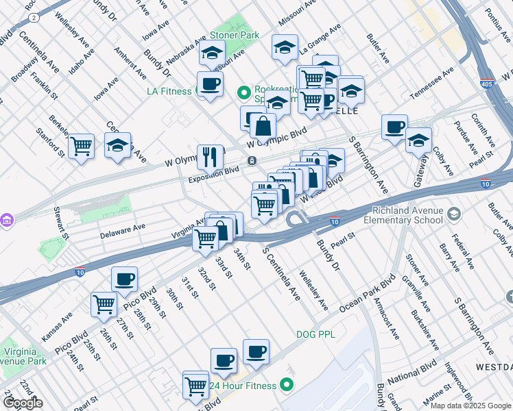 map of restaurants, bars, coffee shops, grocery stores, and more near 12223 West Pico Boulevard in Los Angeles
