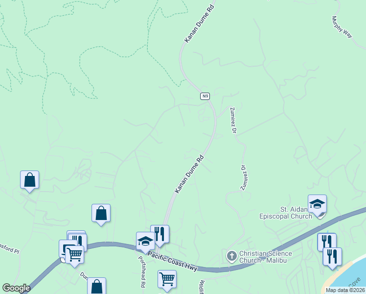 map of restaurants, bars, coffee shops, grocery stores, and more near 5931 Kanan Dume Road in Malibu