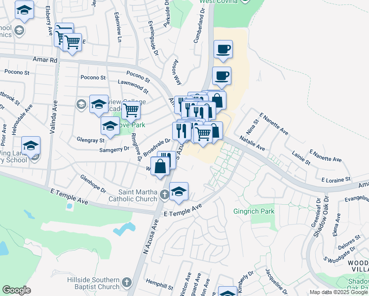 map of restaurants, bars, coffee shops, grocery stores, and more near 2548 South Azusa Avenue in West Covina
