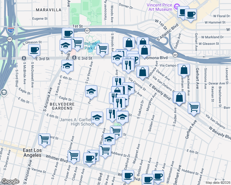 map of restaurants, bars, coffee shops, grocery stores, and more near 404 South Woods Avenue in East Los Angeles