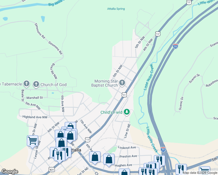 map of restaurants, bars, coffee shops, grocery stores, and more near 416 13th Avenue Northwest in Attalla