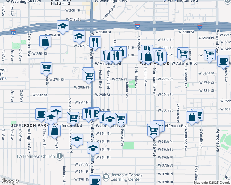 map of restaurants, bars, coffee shops, grocery stores, and more near 2823 South La Salle Avenue in Los Angeles