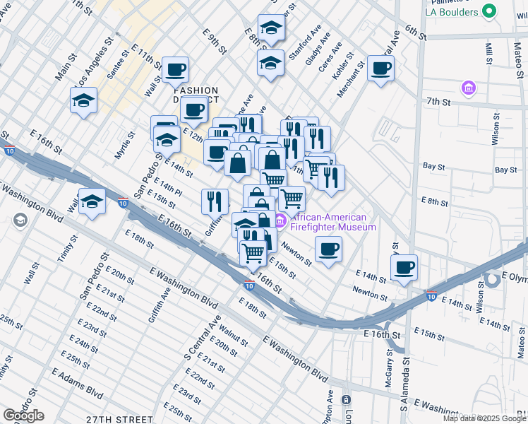 map of restaurants, bars, coffee shops, grocery stores, and more near 1131 East 14th Street in Los Angeles