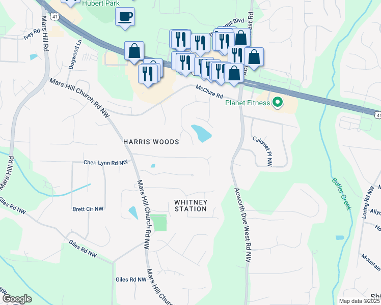 map of restaurants, bars, coffee shops, grocery stores, and more near 4602 Stewart Reilly Drive in Acworth