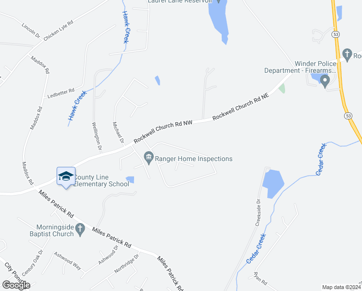 map of restaurants, bars, coffee shops, grocery stores, and more near 787 Baskins Circle in Winder