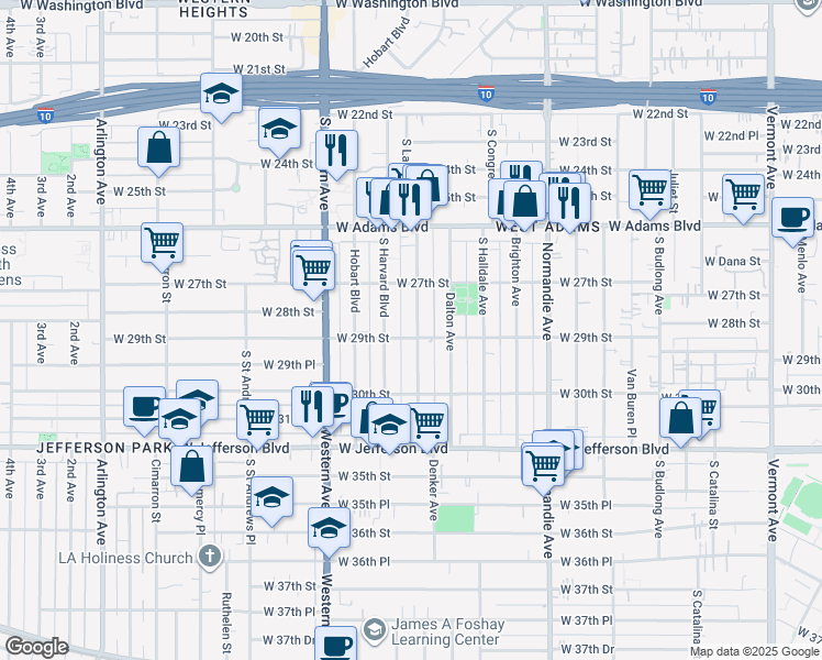 map of restaurants, bars, coffee shops, grocery stores, and more near 2823 South La Salle Avenue in Los Angeles