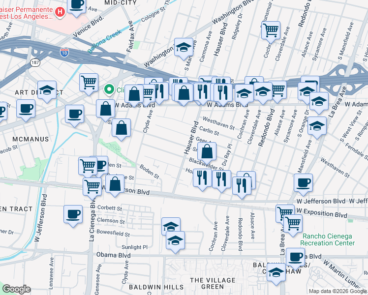 map of restaurants, bars, coffee shops, grocery stores, and more near 5506 Smiley Drive in Los Angeles