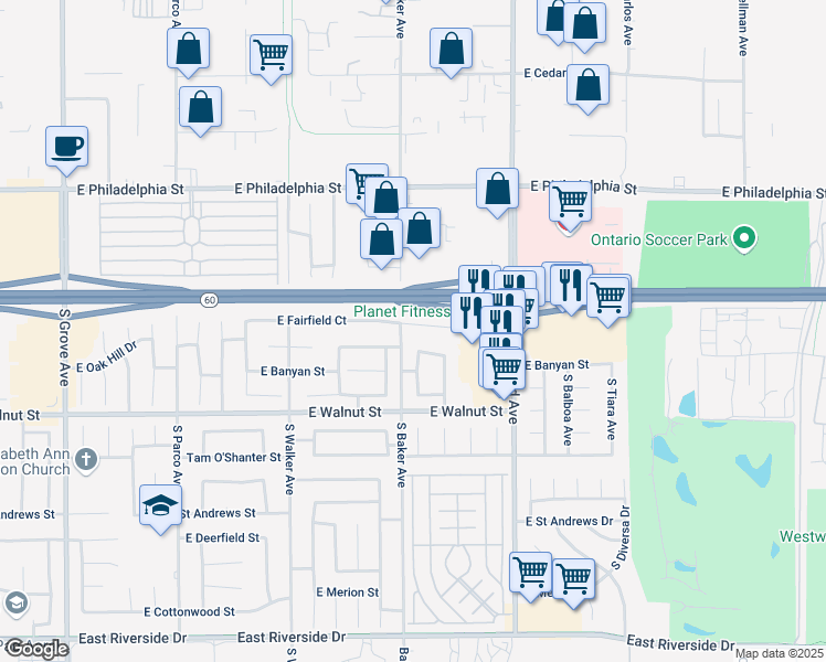map of restaurants, bars, coffee shops, grocery stores, and more near 1707 East Oak Hill Court in Ontario