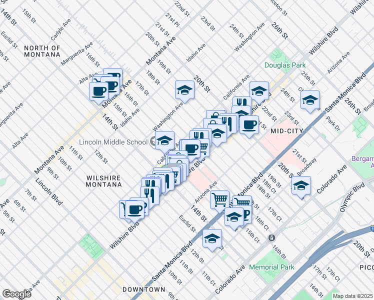 map of restaurants, bars, coffee shops, grocery stores, and more near in Santa Monica